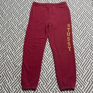 Stussy Fleece Jogger Sweatpants Mens Small Burgundy Gold Logo‎ Streetwear Lounge